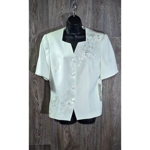 Emily Floral Embroidery Top Short Sleeve Button Front Off White Size‎ 14
